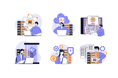 AI Data Center Illustrations ai cartoon center character cloud concept data datacenter design flat graphic hosting illustration landing page people technology vector web website