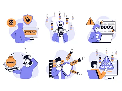 DDoS Attack Illustrations attack cartoon character concept cyberspace ddos design flat graphic hacker illustration internet people safety security server technology vector web website