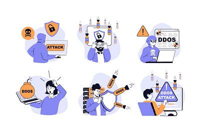 DDoS Attack Illustrations attack cartoon character concept cyberspace ddos design flat graphic hacker illustration internet people safety security server technology vector web website