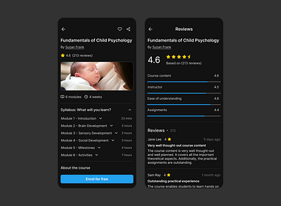 Online course detail screens course detail screen course review screen mobile screen design ui ux