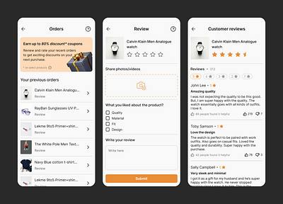 Showcasing product review ecommerce app screens product review screens ui ux