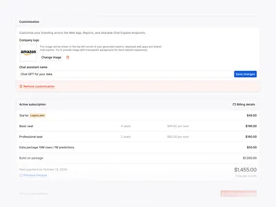 Customization & billing ai app artificial intelligence b2b billing cards clean customization data design light mode minimal modern platform saas settings subscription ui ux white label
