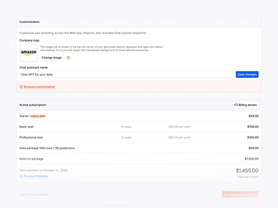 Customization & billing ai app artificial intelligence b2b billing cards clean customization data design light mode minimal modern platform saas settings subscription ui ux white label