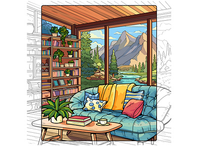 Vector illustration for a mobile app. Coloring. Interior art bookshelf branding coloring app cozy interior design digital art graphic design illustration interior miracle mobile app design mountains pillow vector