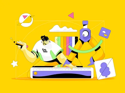 Designer with Design Process- Illustration art branding illustration cartoon design process designer hero image illustration logo making ui vector vibrant