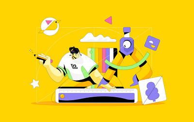 Designer with Design Process- Illustration art branding illustration cartoon design process designer hero image illustration logo making ui vector vibrant