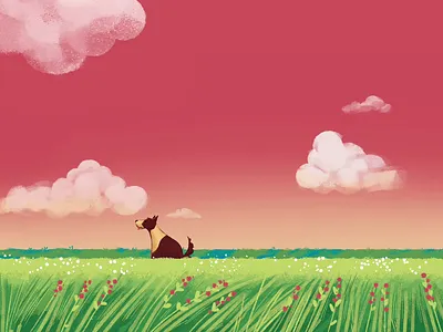 A little girl runs across the field to the dog 2d animation creative creator dog flowers frame by frame animation girl illustration lawn motion motion graphics nature stop motion sunset sweet village