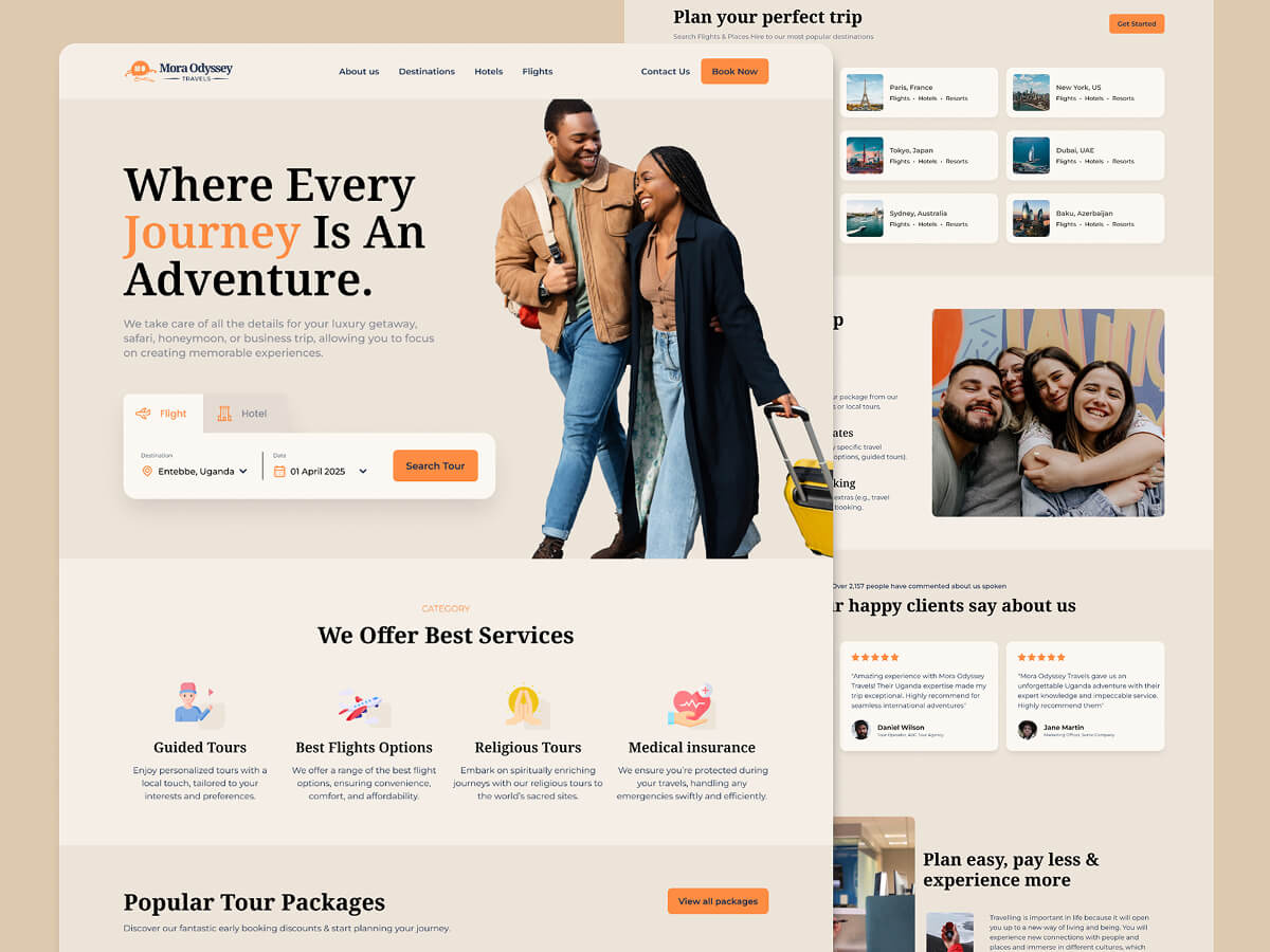 Mora Odyssey Travels Website Design: Modern Travel Agency site. adventure branding design dumani media dumanimedia figma graphic design illustrator journey logo photoshop tours and travels uiux uiux design