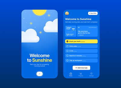 Mobile app Design | Sunshine affirmations blue clouds daily routine design figma list of tasks mobile design onboarding onboarding screen progress quotes sun sunshine task task manager tasks ui welcome to yellow