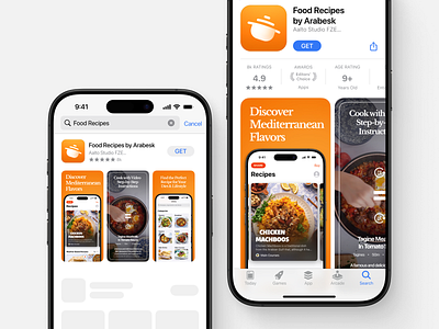 Food Recipes App Screenshots app icon app store arabic branding design figma food gradient graphic design icon ios iphone kitchen mobile mockup modern recipes screenshots templates typography