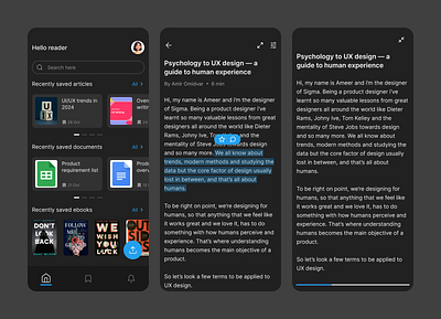 Focused reading app with distraction free mode dark mode focus reading app reading app ui ux