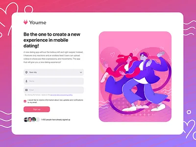 Sign up form - Youme 💖 dance dating graphic design illustration logo love people product design sign up ui ux web