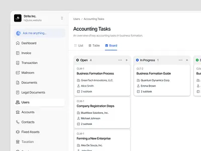Accounting Tasks - Board accounting ai board bookkeeping branding dashboard design gray light minimal tasks ui ux