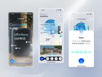 Ominia - Smart Home Mobile App Concept ai app design aqua bento grid blue cyan elegant glassmorphism gradient light mode mobile app modern product design smart home sophisticated ui ui design user interface ux vui