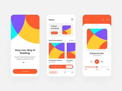 Book Summary App android app app app screen audio book audio player book cover book summary books ios app key points landing page non fiction orange read book ui design