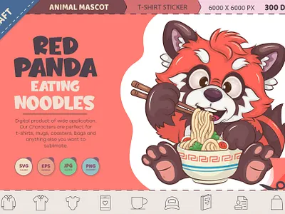 Cartoon Red Panda Eating Noodles. art bamboo bear cartoon character china comic design illustration mascot noodles panda red panda sticker t shirt vector