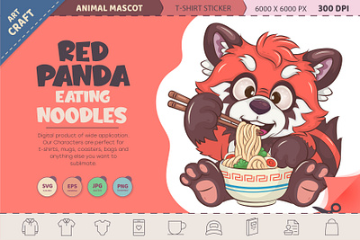 Cartoon Red Panda Eating Noodles. art bamboo bear cartoon character china comic design illustration mascot noodles panda red panda sticker t shirt vector