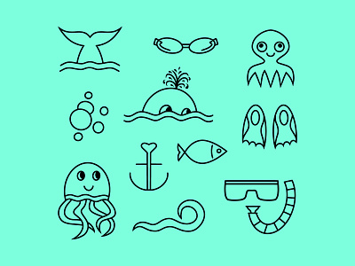 Doodle diving set clipart Hand drawn line art whale