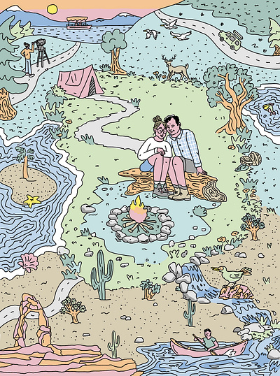 Camping Illustration black outline campfire camping couple illustration nature outdoors procreate travel