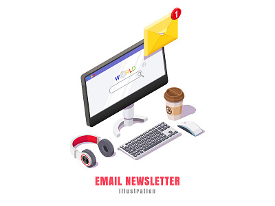 Mail service concept. Email notification, computer with envelope 3d branding cartoon coffee concept design email graphic design headphones illustration isometric logo office vector web