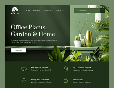 Bonsai - Plants Store Homepage botanical cactus creative design flowers garden illustration interface landing page leaves plants ui web design website