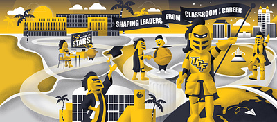 UCF MBA Downtown Wall Wrap banner character city clouds college florida globe gold knight mascot mural timeline trees ucf university