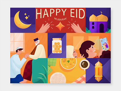 Happy Eid Mubarak 2d celebration characters cute eid eid al fitr eid mubarak fasting flat flat illustration graphic design holy month illustration mecca moslem moslem day people poster ramadhan