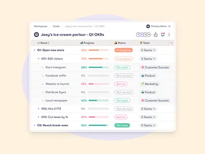 OKRs - Table View goals hierarchy objectives okrs progress spreadsheet status table view
