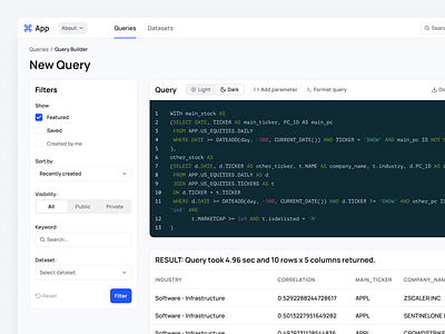 Query builder app application clean code crm dark dashboard design filter inspiration light query table theming ui ux