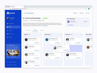 Candidate pipeline - Recruitment Platform candidate board hiring app job app job kanban job portal recruiting recruiting app recruitment platform ux