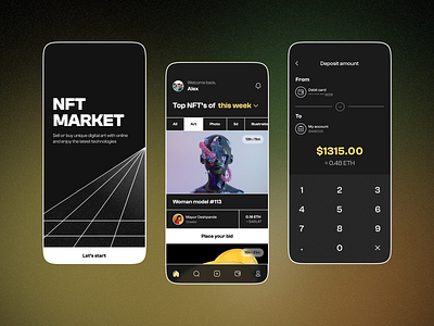 NFT Marketplace app dark theme design home screen mobile mobile app nft ui uiux ux