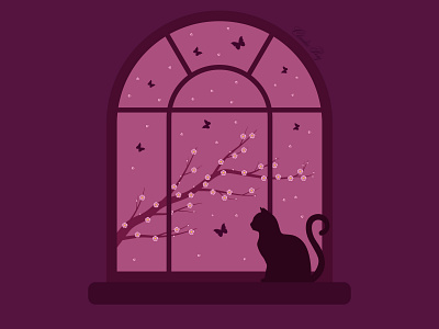 Spring adobe illustrator butterfly cat evening flowers illustration morning nature sakura silhouette spring vector window