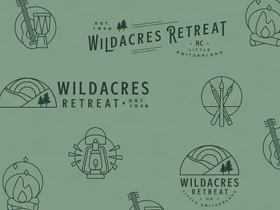 Retreat Center arts asheville blue ridge brand identity campfire custom icons guitar icon set illustration line art logo mountains north carolina retreat center vintage