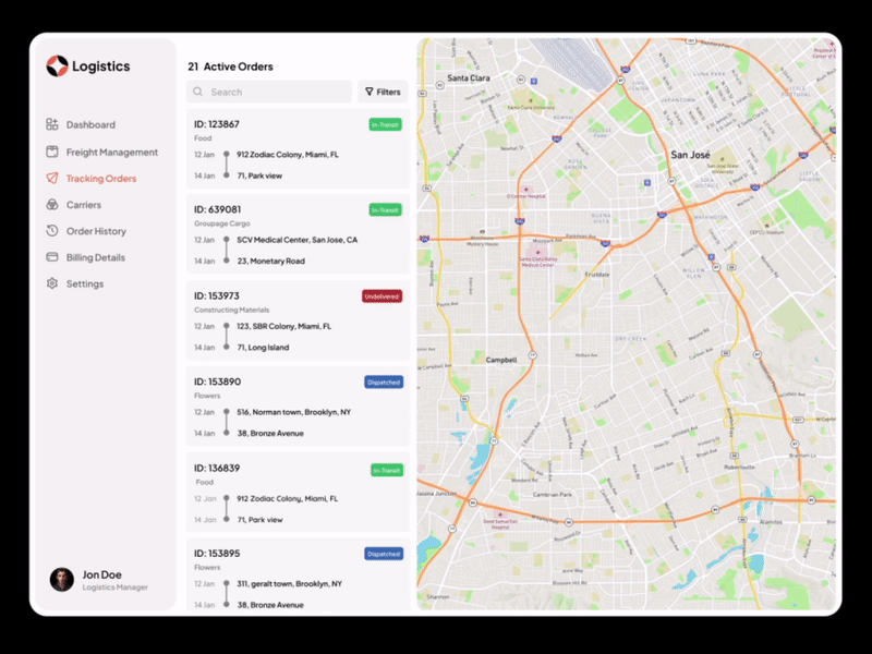 Logistics, Transportation, Delivery, Orders Tracking Animation animation dashboard dashboard animation dashboard design delivery logistics online delivery orders tracking transportation ui ui animation ui design