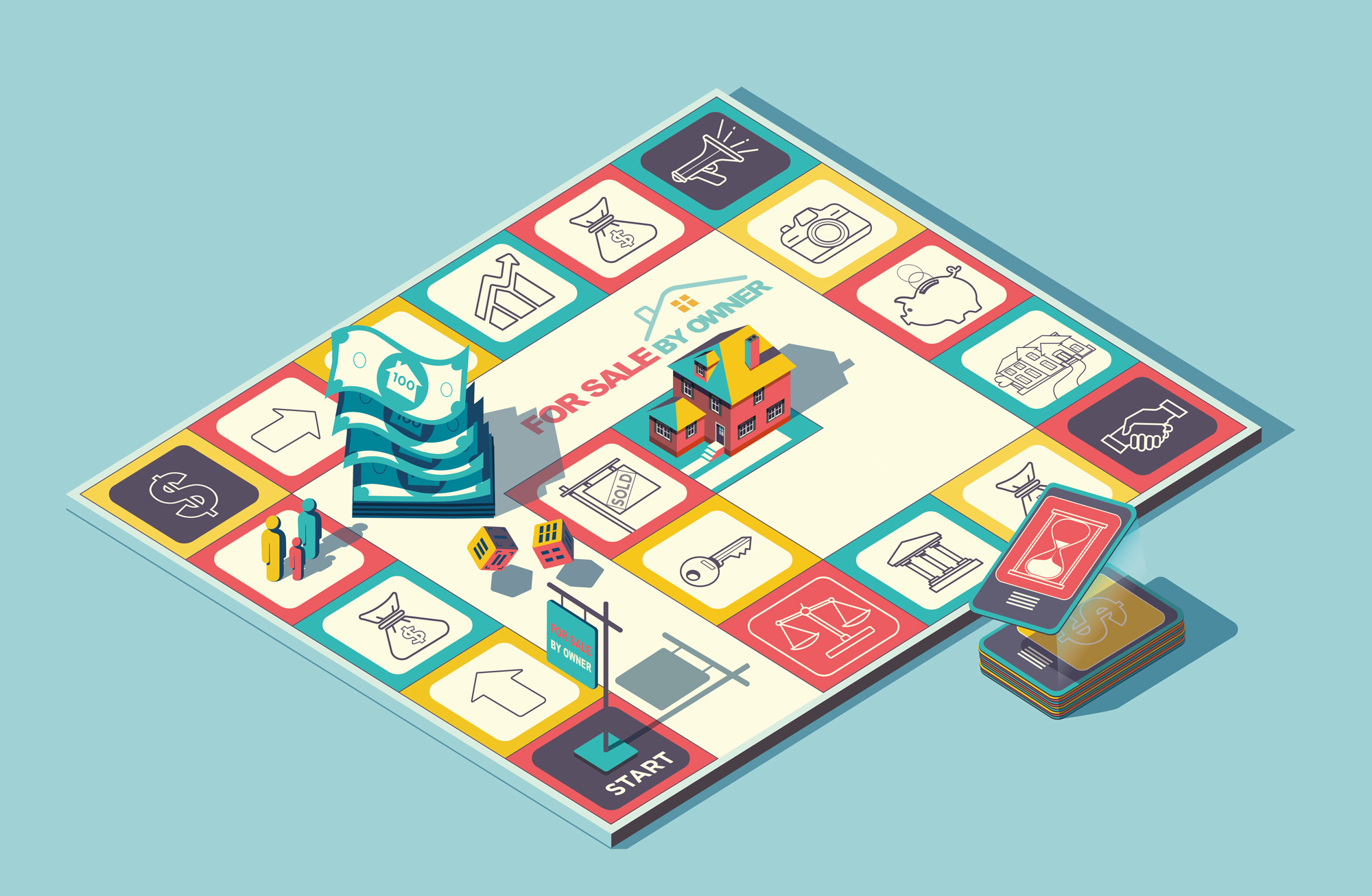 For Sale By Owner board game digital editorial folioart illustration isometric peter greenwood vector