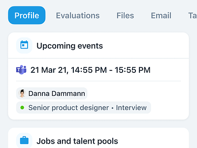 Event Card - Upcoming Candidate Interview ats candidate card dark mode event card figma hiring interview light mode mobile product design profile recruiting saas tabs tile ui