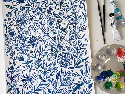 Blue florals pattern art design drawing flowers gouache hand drawn illustration painting pattern design surface pattern