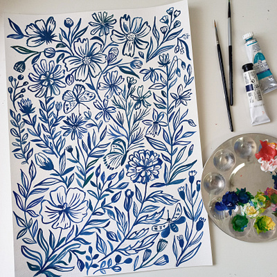 Blue florals pattern art design drawing flowers gouache hand drawn illustration painting pattern design surface pattern