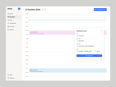 PetPal - Calendar calendar card clean date design form graphic design grid illustration input list minimalistic modal pastel pets popover schedule timeline ui ux