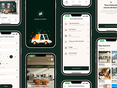 Groupe Immobilier iOS App carousel choice cta icon design form house rent app illustration interior design photography ios leboncoin list listing multiple choice onboarding property real estate seloger splash screen