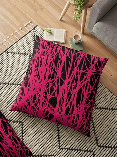 Ruby Red Floor Pillow bedroom black camouflage curves design floor lines pillow red ruby seamless styled