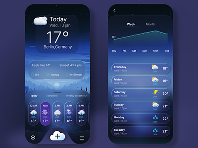 Weather App app app design blue cloudy design illustration location mobile mobile app mobile design night rain temperature ui ui ux ux vector weather weather app weather icon