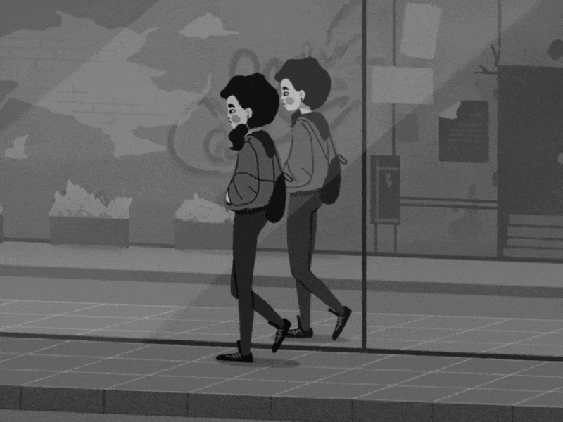 City girl animated black and white car character city flat frame gif girl gray grayscale grey street walk walk cycle walking