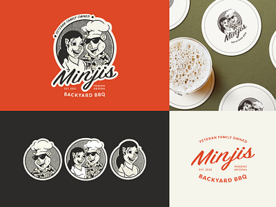Minjis BBQ Branding 50s design badge bbq brand brand identity brand marks brand presentation branding cartoon coasters design graphic design illustration logo logo mascot logo suite restaurant retro stamp vector