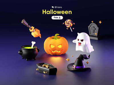 Free Halloween 3D icons 3d broomstick character coffin free ghost grave halloween icon illustration kit8 lolipop potion pumpkin