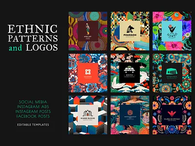Ethnic Patterns & Logos Template | Social Media Post aesthetic brand identity branding colorful design digital art ethnic ethnic patterns graphic graphic design illustration logo logo templates motif pattern psd social media post social media template template tribal
