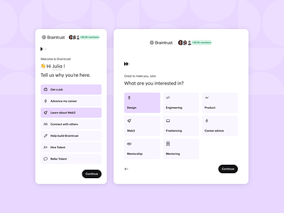 Braintrust Onboarding 🧠 braintrust design freelance job listing job search jobs mobile onboarding onboarding experience product product design sign up talent talent search ui ux web web app web3 web3 product