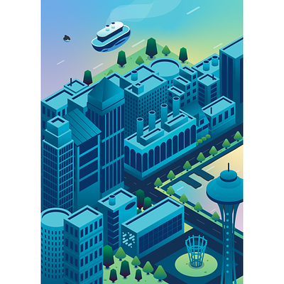 Isometric Seattle Illustration city skyline illustration isometric orca seattle space needle