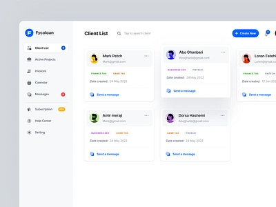 Fycoloan Dashboard blue client dashboard design desktop freelancer humans illustration item light mode list members minimal overview panel projects ui ui design uidesign