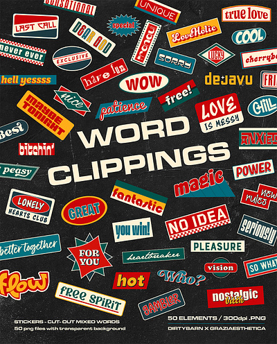 Word Clippings: Retro Stickers and Headlines – 50 Pieces assets design graphic design illustration mockup pop word psd sticker vector word clipping